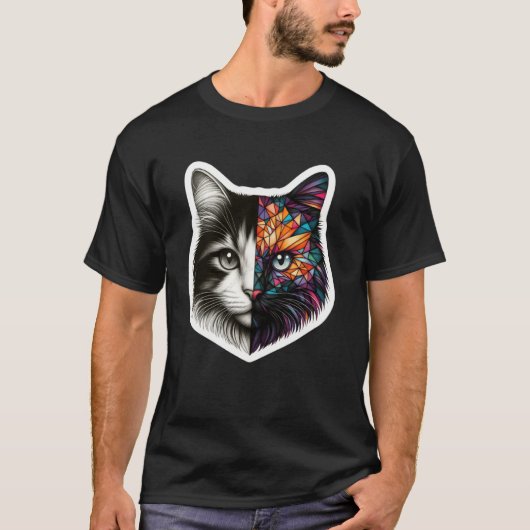 半顔の抽象的な子猫 かわいい幾何学 ポリゴン 猫 Tシャツ (正面)