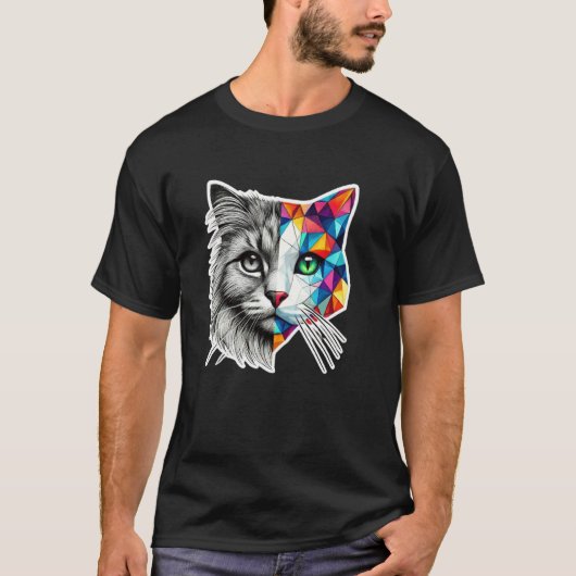 半顔の抽象的な子猫 かわいい幾何学 ポリゴン 猫 Tシャツ (正面)