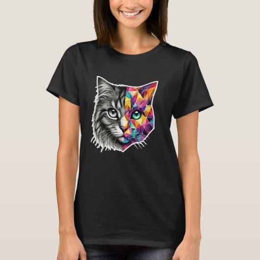 半顔の抽象的な子猫 かわいい幾何学 ポリゴン 猫 Tシャツ (正面)