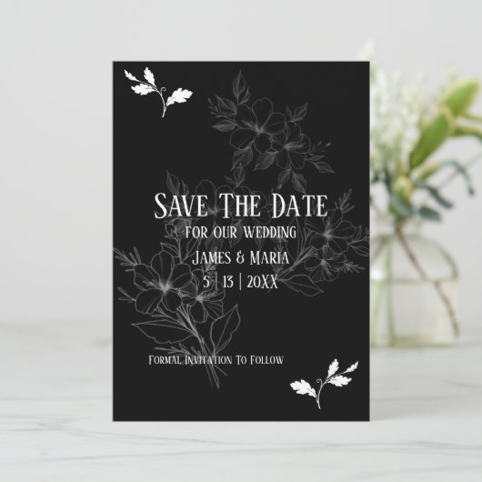 半黒フォーマル白フラット日付カードを保存 セーブザデート (スタンド正面)