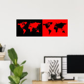 半黒/半赤のワールドマップ ポスター (ホームオフィス)