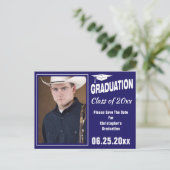 卒モダン業写真保存日付パーティー青 ポストカード (スタンド正面)