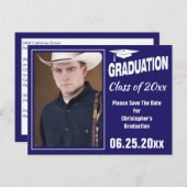 卒モダン業写真保存日付パーティー青 ポストカード (正面/裏面)