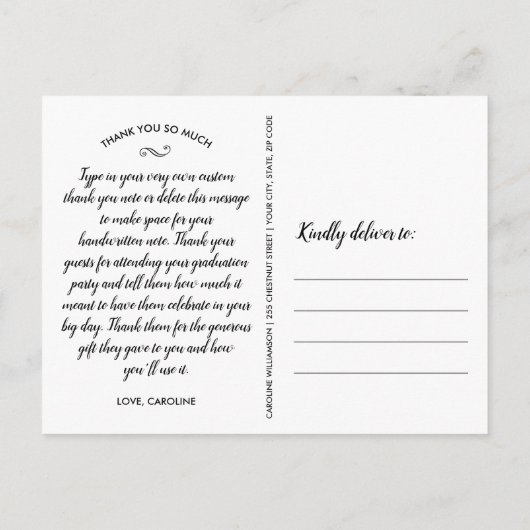 卒業ありがとう1つの大きな写真シックなスクリプト ポストカード (裏面)