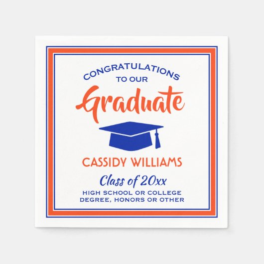 卒業おめでとうございますオレンジとブルーモダンの卒業 スタンダードカクテルナプキン (正面)