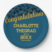 卒業おめでとうございますパーソナライズされたブルー金ゴールド ペーパープレート (正面)