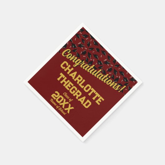 卒業おめでとうございますパーソナライズされたマルーン金ゴールド スタンダードカクテルナプキン (角)