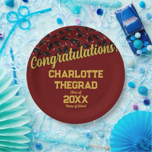卒業おめでとうございますパーソナライズされたマルーン金ゴールド ペーパープレート (パーティー)