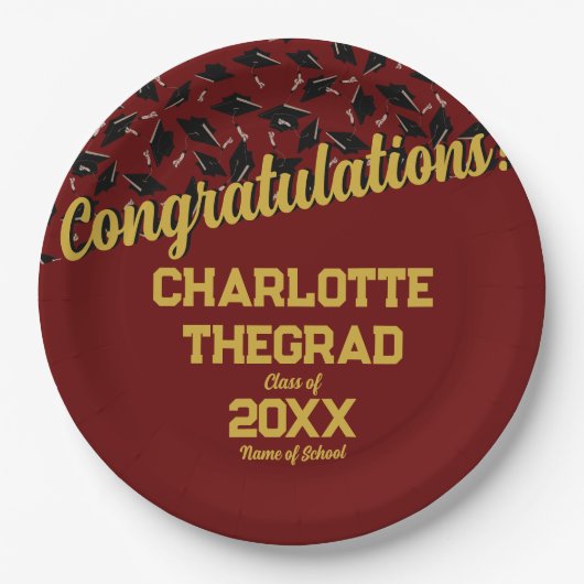 卒業おめでとうございますパーソナライズされたマルーン金ゴールド ペーパープレート (正面)
