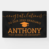 卒業おめでとうございますブラックオレンジキャップ仮想 横断幕 (横)