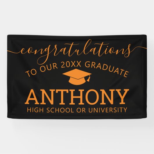卒業おめでとうございますブラックオレンジキャップ仮想 横断幕 (横)