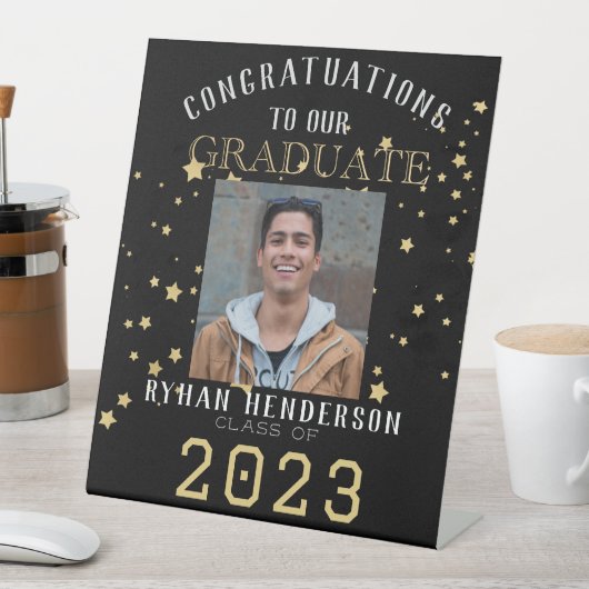 卒業おめでとうございますブラック金ゴールド写真 台座サイン (インサイチュ)