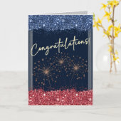 卒業おめでとうございますブルー&レッドスパークル カード (黄色い花)