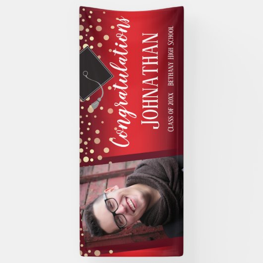 卒業おめでとうございます赤と紙吹雪写真 横断幕 (縦)