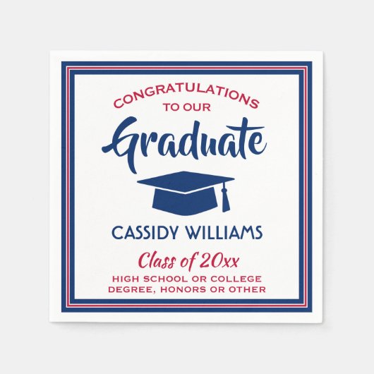 卒業おめでとうございます赤と青モダン白 スタンダードカクテルナプキン (正面)