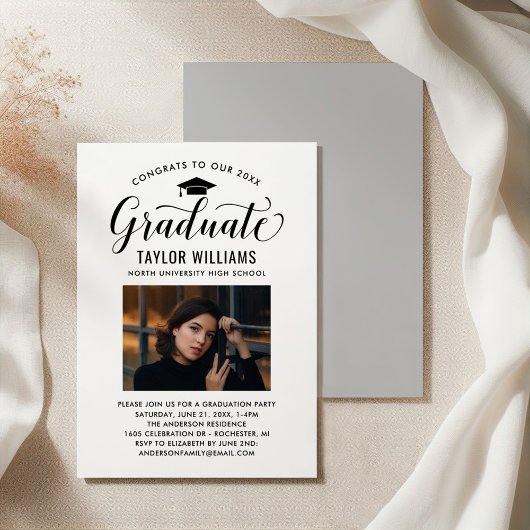 卒業おめでとうございます 黒のスクリプト写真 招待状