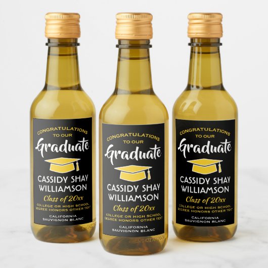 卒業おめでとうエレガントブラック金ゴールドイエローミニ ワインラベル (ボトル)