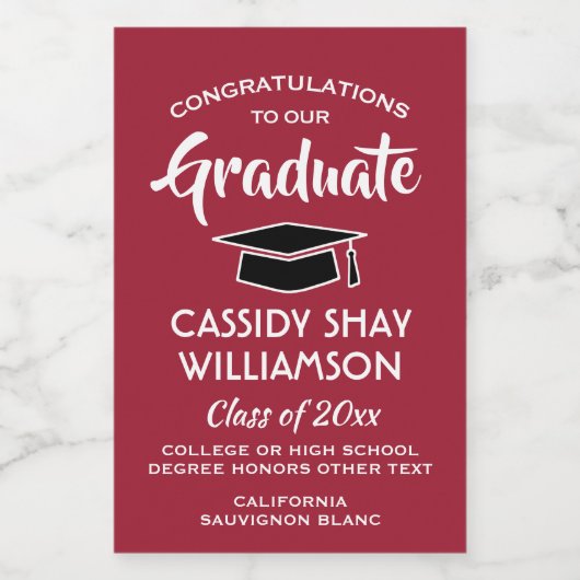 卒業おめでとうエレガントレッドホワイトブラックミニ ワインラベル (シングルラベル)