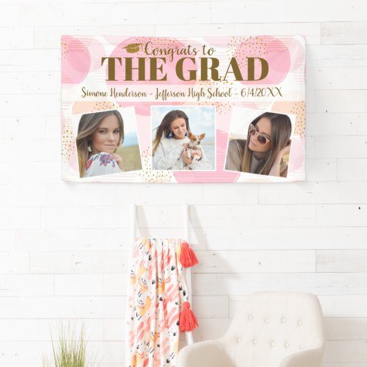 卒業おめでとうカスタム写真ピンク金ゴールドサイン 横断幕 (インサイチュ)