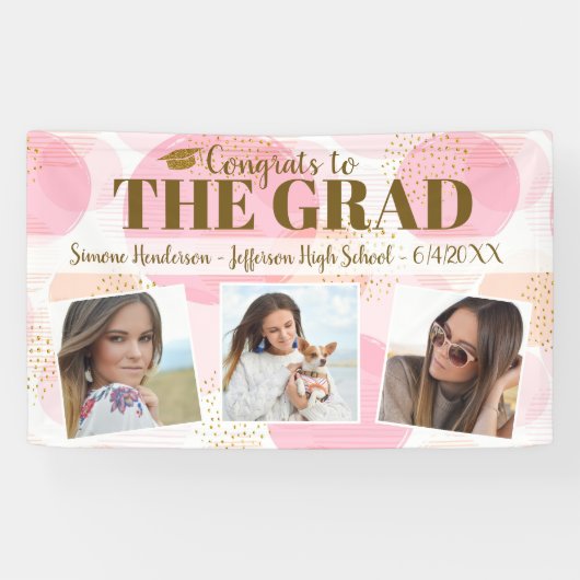 卒業おめでとうカスタム写真ピンク金ゴールドサイン 横断幕 (横)