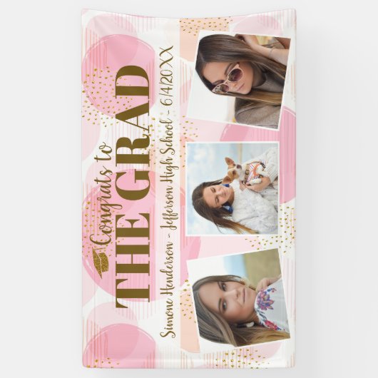 卒業おめでとうカスタム写真ピンク金ゴールドサイン 横断幕 (縦)