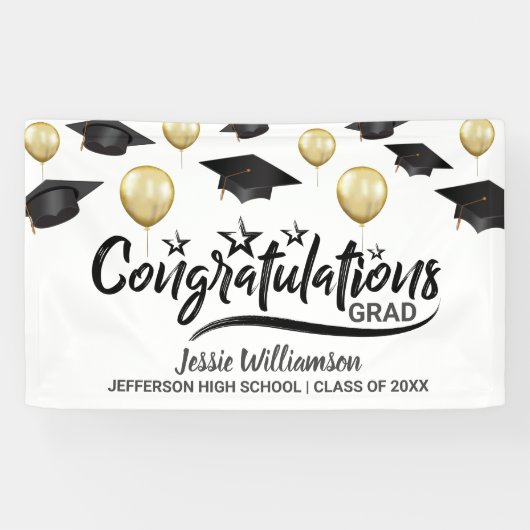 卒業おめでとうグラッドブラック金ゴールドバルーンカスタム 横断幕 (横)