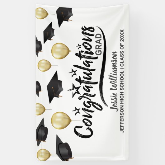 卒業おめでとうグラッドブラック金ゴールドバルーンカスタム 横断幕 (縦)