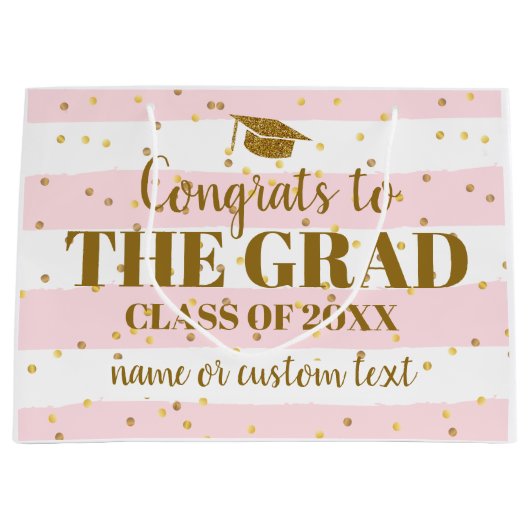 卒業おめでとうグラード金ゴールドグリッターストライプー ラージペーパーバッグ (正面)