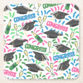 卒業おめでとうシャンパンカラフル紙吹雪 スクエアペーパーコースター (正面)