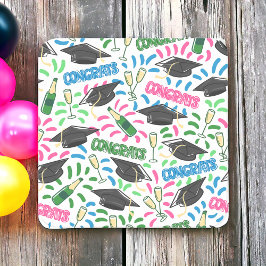 卒業おめでとうシャンパンカラフル紙吹雪 スクエアペーパーコースター