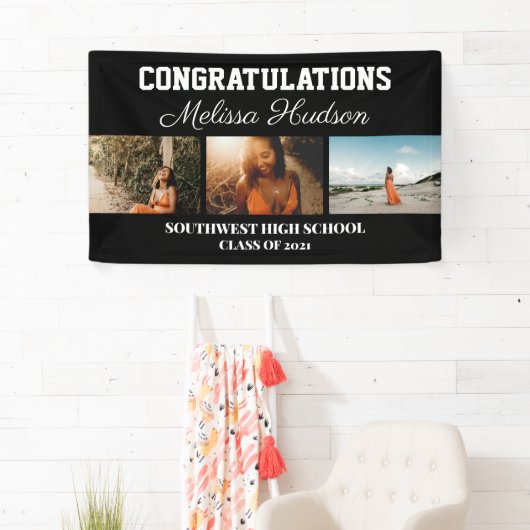 卒業おめでとうスクリプト3写真黒 横断幕 (インサイチュ)