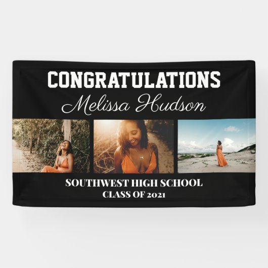 卒業おめでとうスクリプト3写真黒 横断幕 (横)