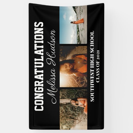 卒業おめでとうスクリプト3写真黒 横断幕 (縦)