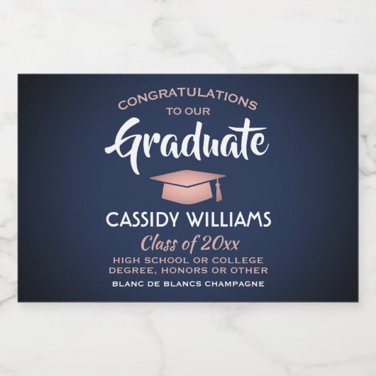 卒業おめでとうネイビーブルーとピンクミニスプリット スパークリングワインラベル (シングルラベル)