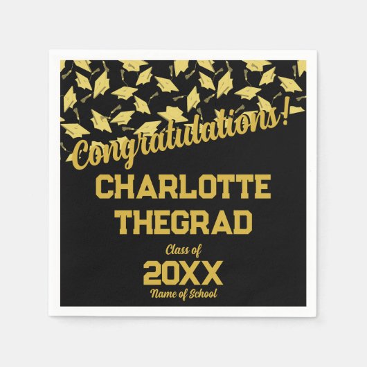 卒業おめでとうパーソナライズされたブラック金ゴールド スタンダードカクテルナプキン (正面)