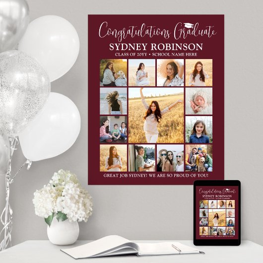 卒業おめでとうフォトコラージュマルーン&ホワイト ポスター