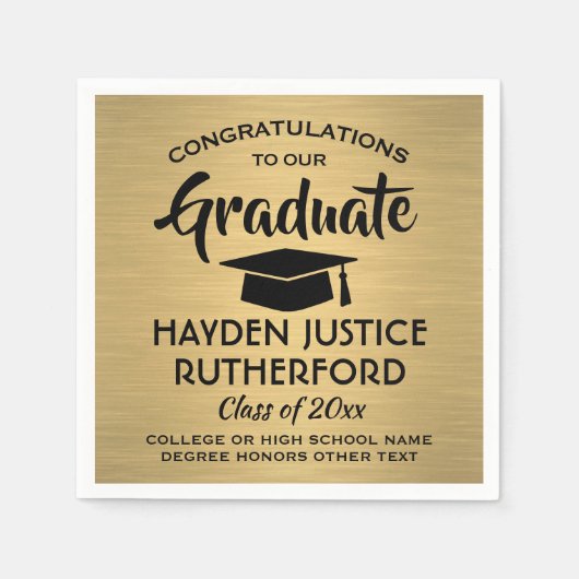 卒業おめでとうブラシエレガント金ゴールドとブラック スタンダードカクテルナプキン (正面)