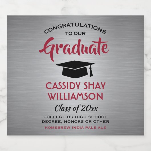 卒業おめでとうブラシ付きグレー赤と黒 ビールラベル (シングルラベル)