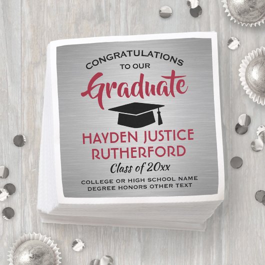 卒業おめでとうブラシ付きシルバーグレーレッドブラック スタンダードカクテルナプキン