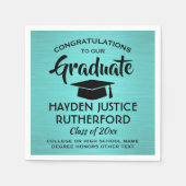 卒業おめでとうブラシ付きティール（緑がかった色）ブルーとブラック スタンダードカクテルナプキン (正面)