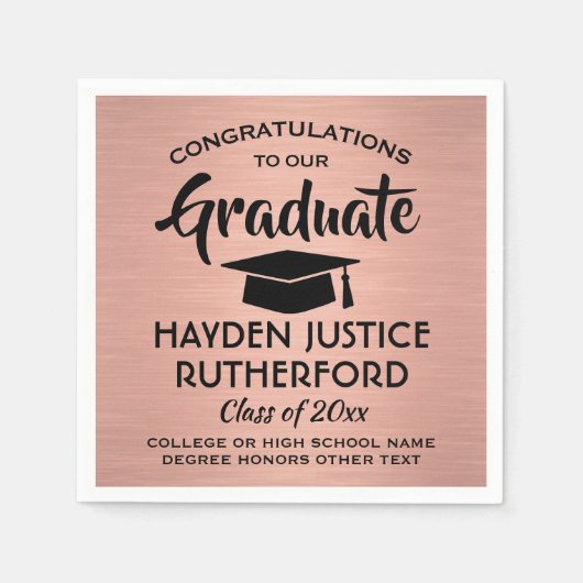 卒業おめでとうブラシ付きピンクローズ金ゴールド&ブラック スタンダードカクテルナプキン (正面)
