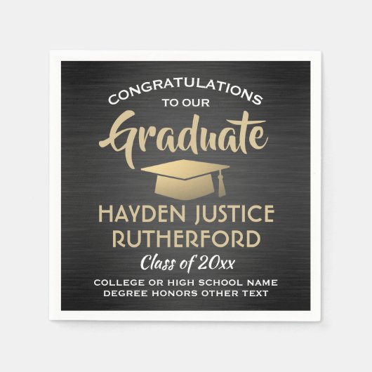 卒業おめでとうブラシ付き黒金ゴールドと白 スタンダードカクテルナプキン (正面)