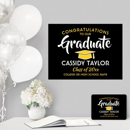 卒業おめでとうブラック金ゴールドイエローとホワイト ポスター