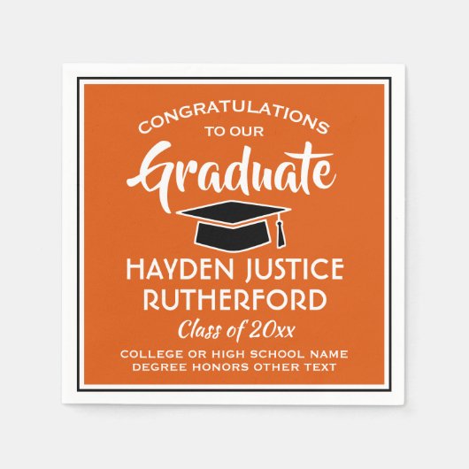 卒業おめでとうモダンオレンジホワイトとブラック スタンダードカクテルナプキン (正面)