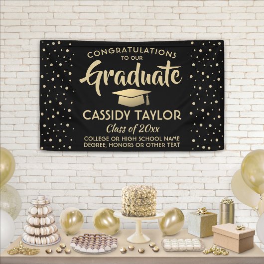 卒業おめでとうモダンブラックおよび金ゴールド紙吹雪 横断幕