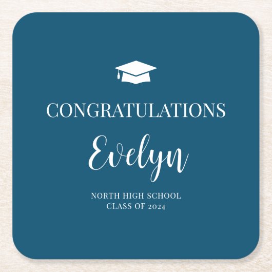 卒業おめでとう学校のカラー スクエアペーパーコースター (正面)
