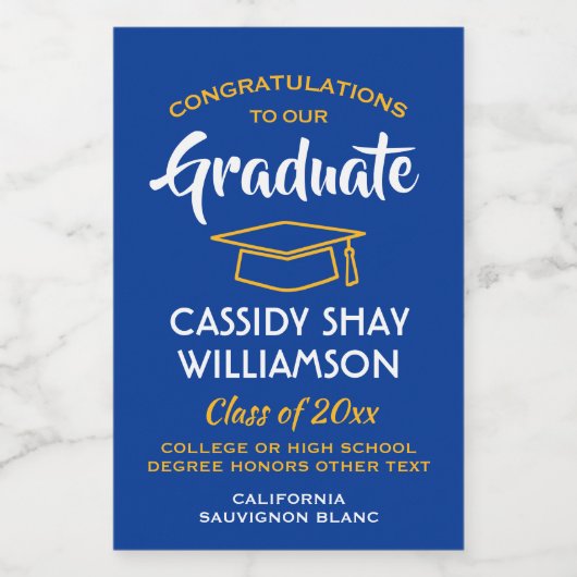 卒業おめでとう王室のブルー金ゴールドイエローミニ ワインラベル (シングルラベル)