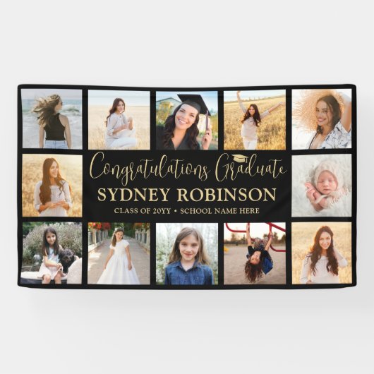 卒業おめでとう12枚の写真コラージュ ブラック＆ゴールド 横断幕 (横)