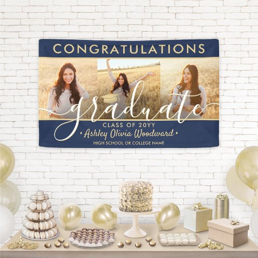 卒業おめでとう3フォトコラージュ海軍と金ゴールド 横断幕