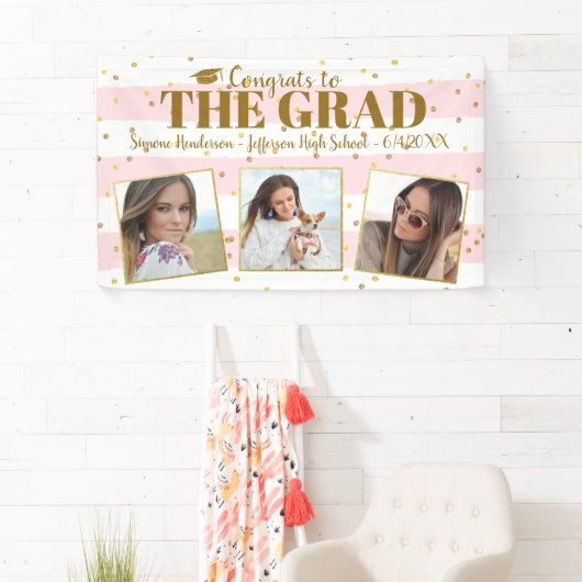 卒業おめでとう3写真金ゴールドグリッターストライプ 横断幕 (インサイチュ)